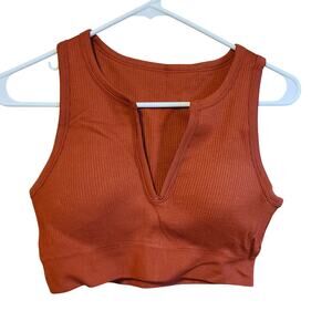 (3) Seamless Ribbed Knit V Neck Sports Bra Set Womens L Crop Top Neutral Basics